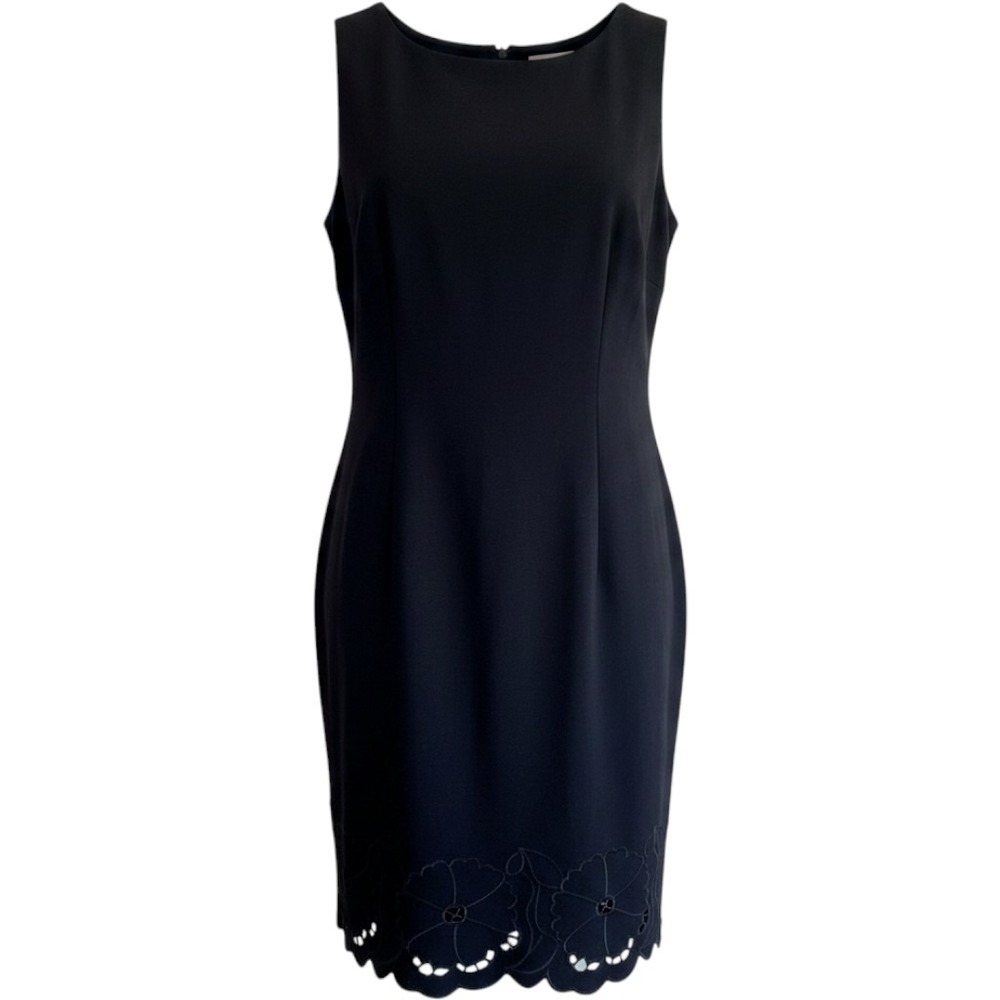 Talbots Sheath Dress Size 10 Black Stretch Floral Eyelet Hem Minimalist Classic